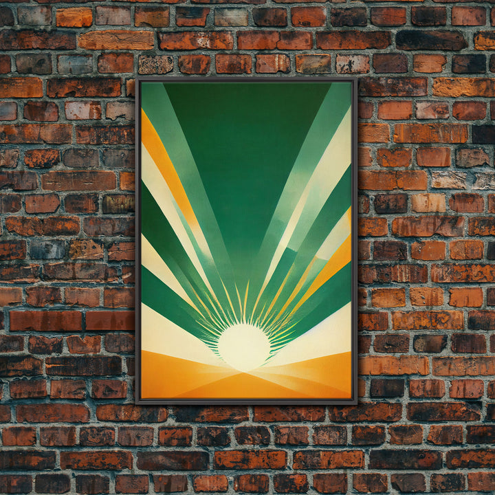 Emerald Green Sun Burst, Art Deco Style, Framed Canvas Print, Ready To Hang Framed Wall Art, Living Room Wall Hanging