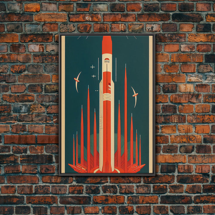 Art Deco Space Travel Poster Art, Framed Canvas Print, Ready To Hang Framed Wall Art, Living Room Wall Hanging