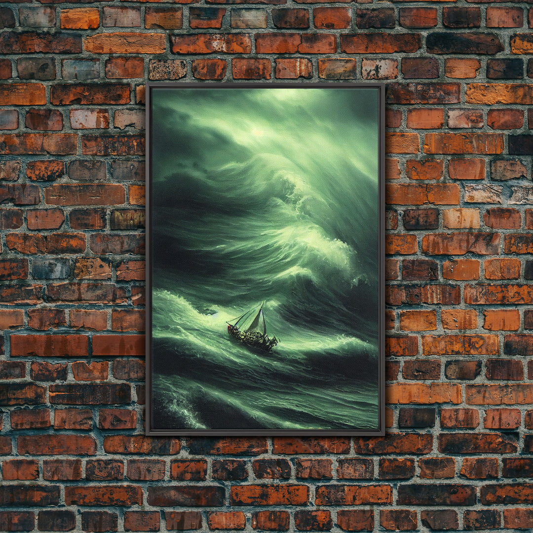 Sailboat in a hurricane, watercolor painting, framed canvas print, sailing in the eye of the storm