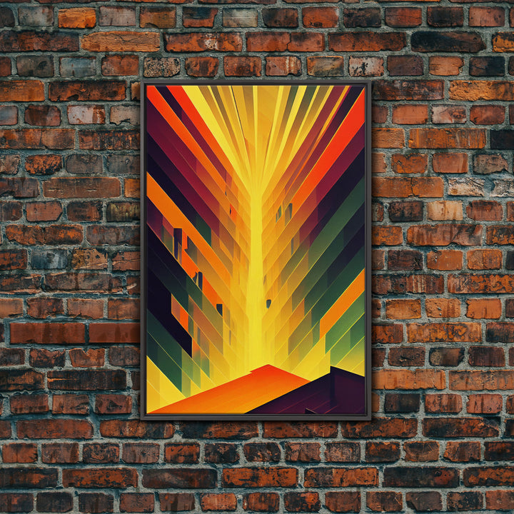 Unique art deco style abstract art, reflections of a sunset through stained glass, framed canvas print