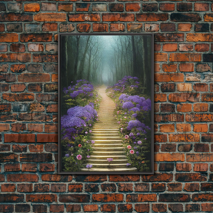 Lavender Lined Stairs Leading To The Haunted Forest, Fantasy Wall Art, framed canvas print, framed art