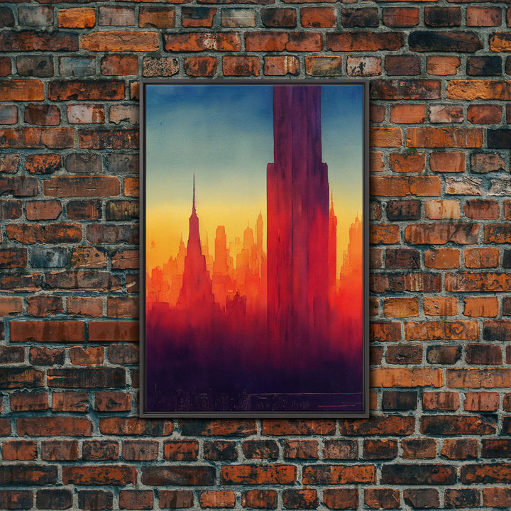 Chicago at sunset concept art, synthwave style, framed canvas print, ready to hang wall art with frame