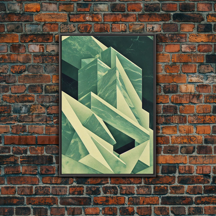 Cubism abstract geometric painting print, green marble shapes, framed canvas print