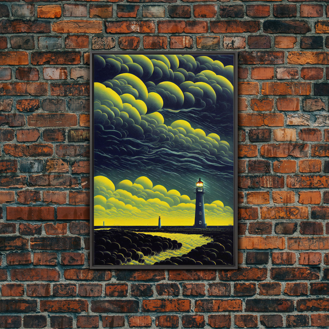 Smoky Sea, Lighthouse Art, Abstract Beach Art, Framed Canvas Print, Ready To Hang Framed Wall Art