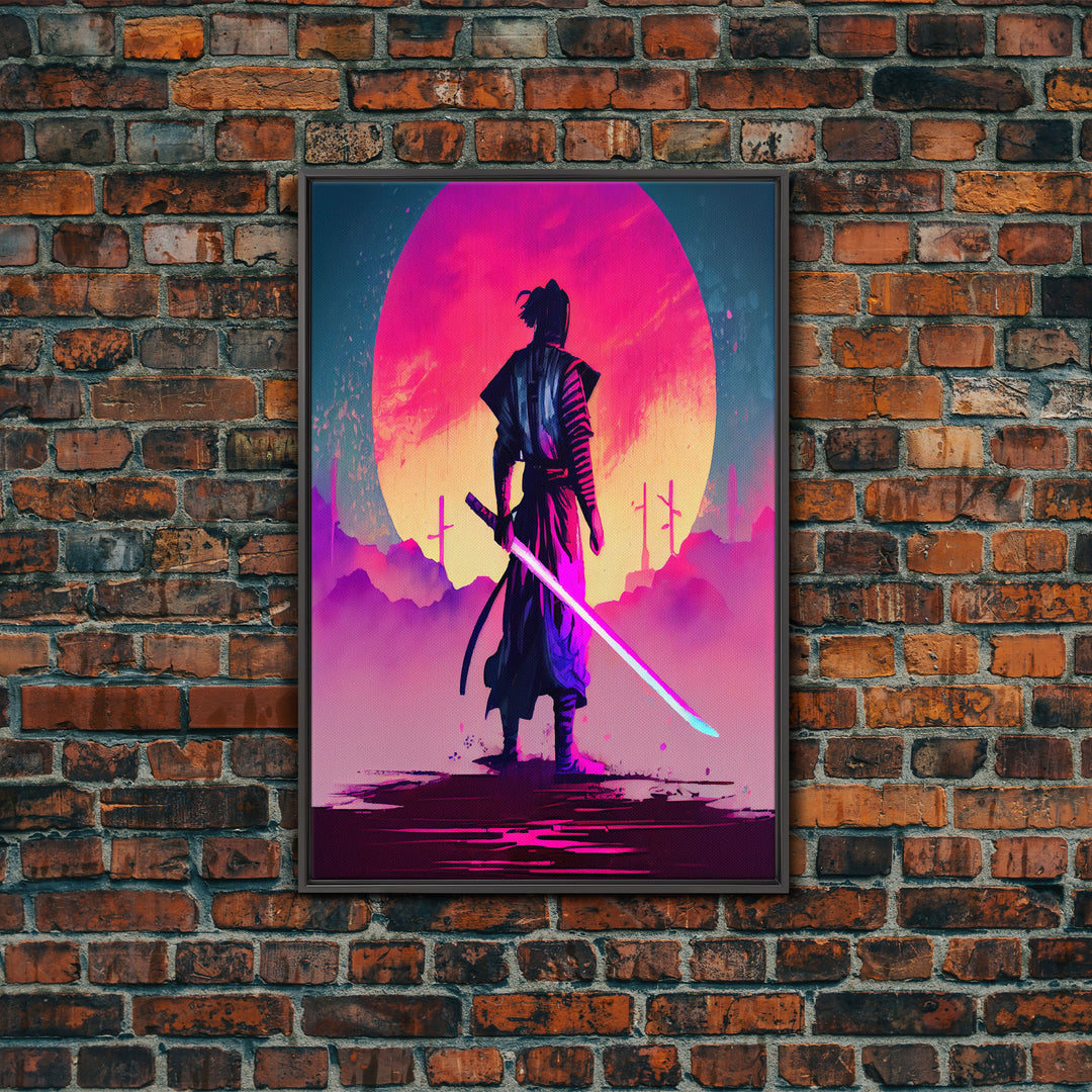 Synthwave Samurai, Cyberpunk Samurai Art, Framed Canvas Print, Ready To Hang Framed Wall Art