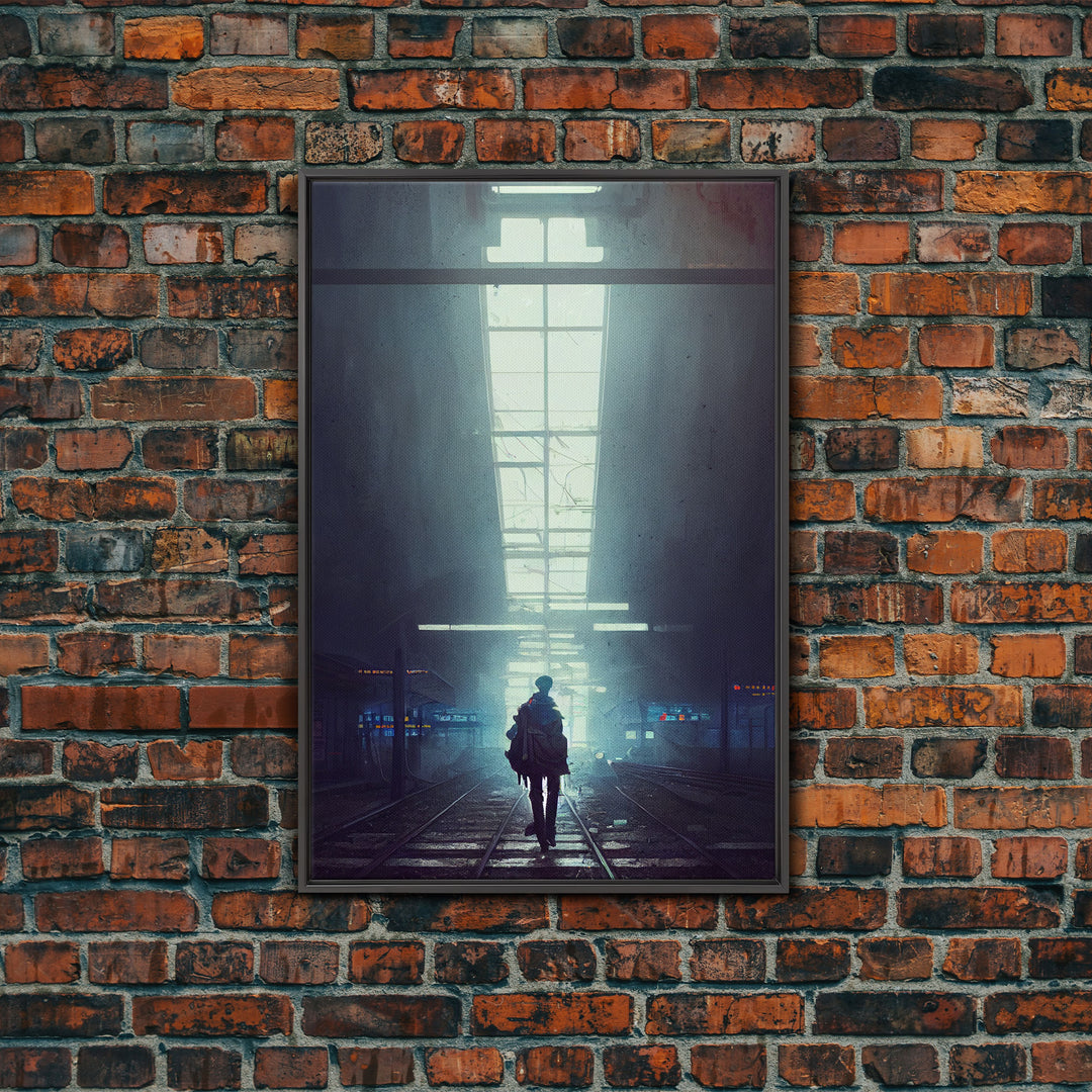 Cyberpunk Android In An Abandoned City, Dystopian Post Apocalyptic Art, Framed Canvas Print, Ready To Hang Framed Wall Art, Living Room