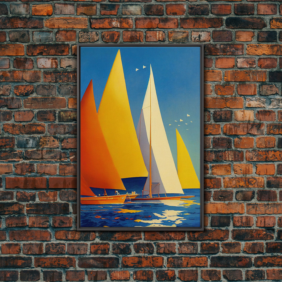 Golden Art Deco Sailboats in the Sun, Lakehouse Decor, Framed Canvas Print, Ready To Hang Framed Wall Art, Living Room Decor