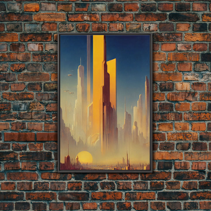 Huge Cyberpunk Desert Metropolis, Video game concept art, Framed Canvas Print, Ready To Hang Framed Wall Art, Living Room Decor