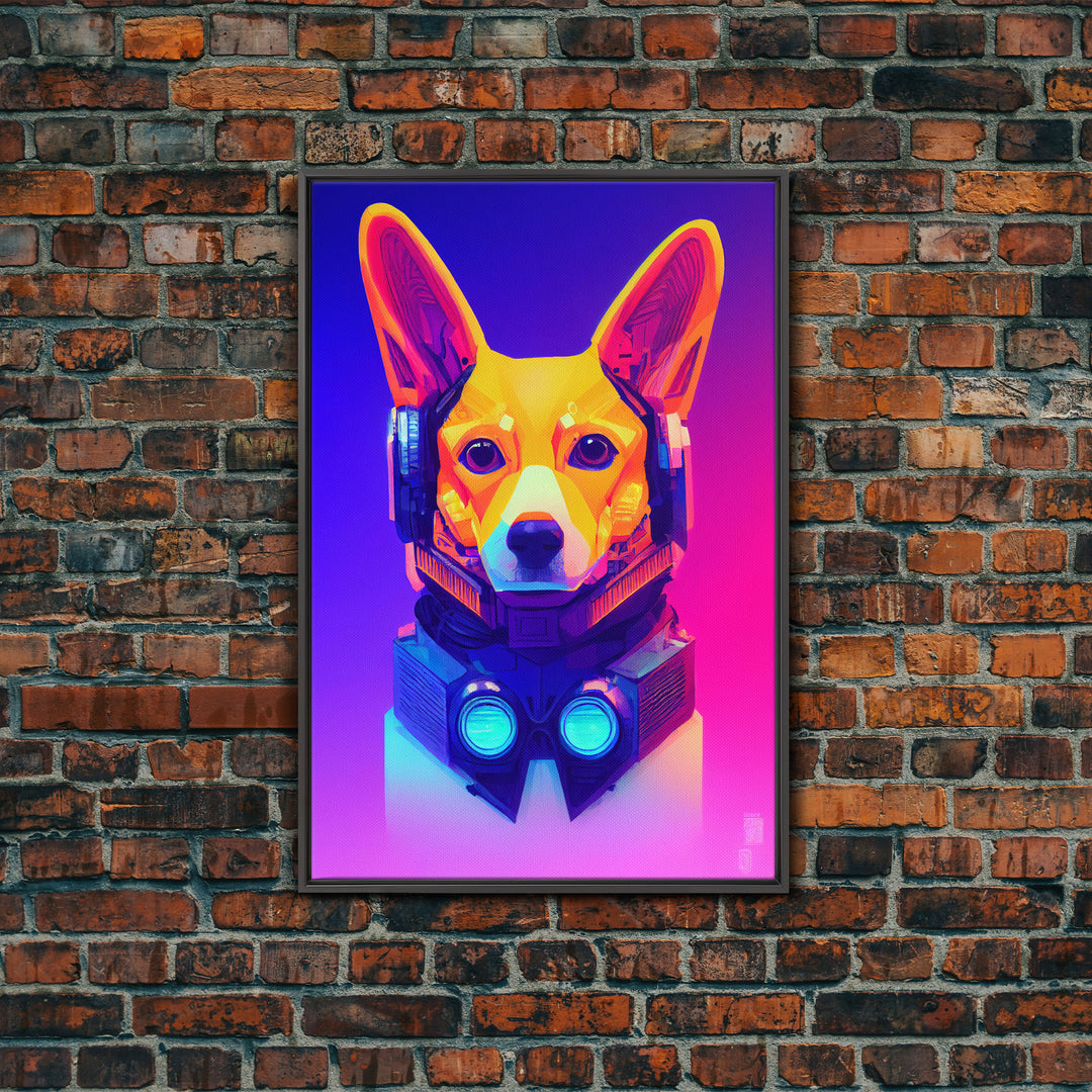 Cyberpunk Corgi Portrait, Futuristic Corgi, Framed Canvas Print, Ready To Hang Framed Wall Art, Living Room Wall Hanging