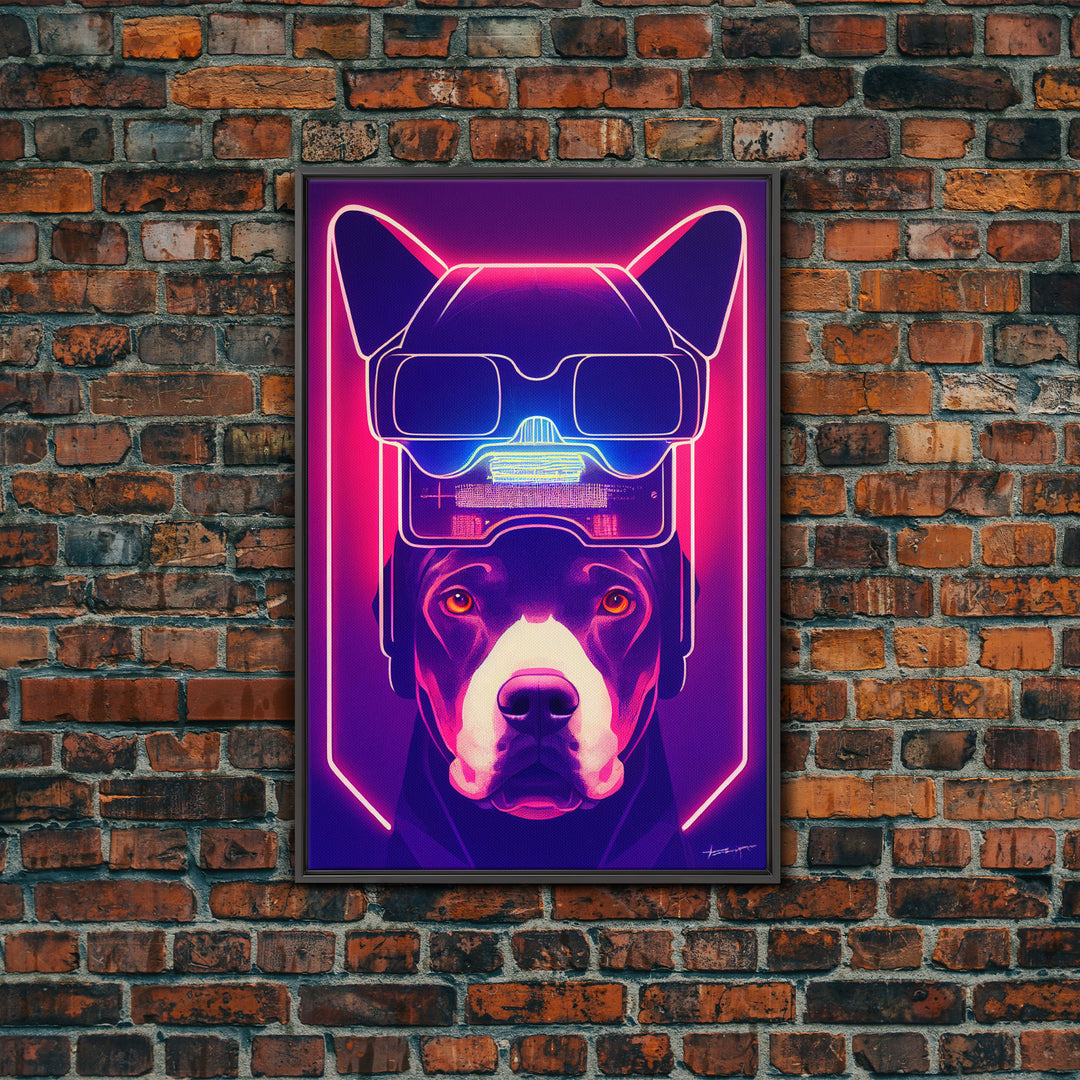 Cyberpunk Pitbull Portrait, Futuristic Dog Portrait, Framed Canvas Print, Ready To Hang Framed Wall Art, Living Room Wall Hanging