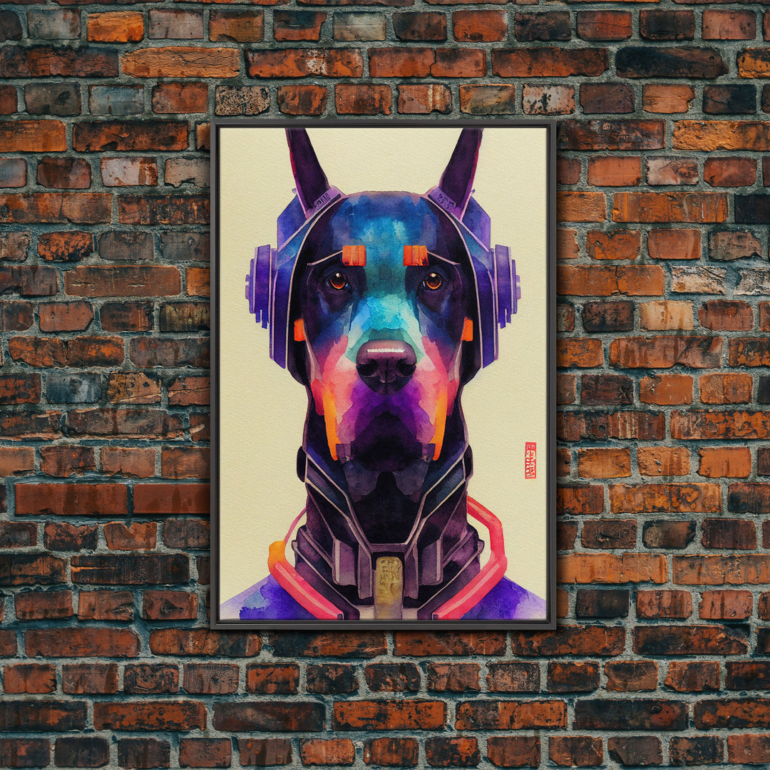 Cyberpunk Dobermann Pinscher Portrait, Watercolor, Framed Canvas Print, Ready To Hang Framed Wall Art, Living Room Wall Hanging