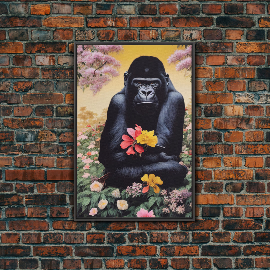 Portrait of a happy gorilla holding flowers, Framed Canvas Print, Ready To Hang Framed Wall Art