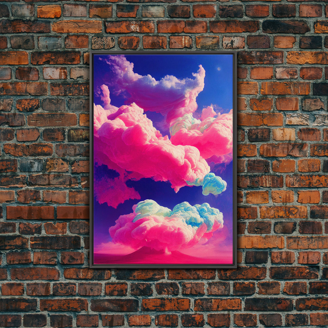 Bubble Gum Clouds, Trippy Psychedelic Surrealist Cloud Art, Framed Canvas Print, Ready To Hang Framed Wall Art