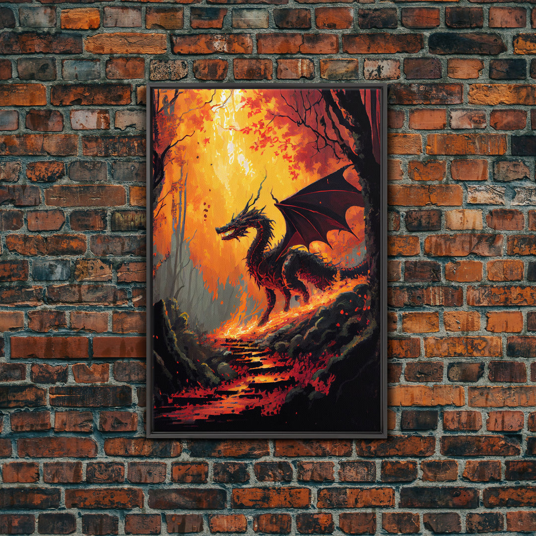 Dragon standing in a burned forest, fantasy art, fine art poster print