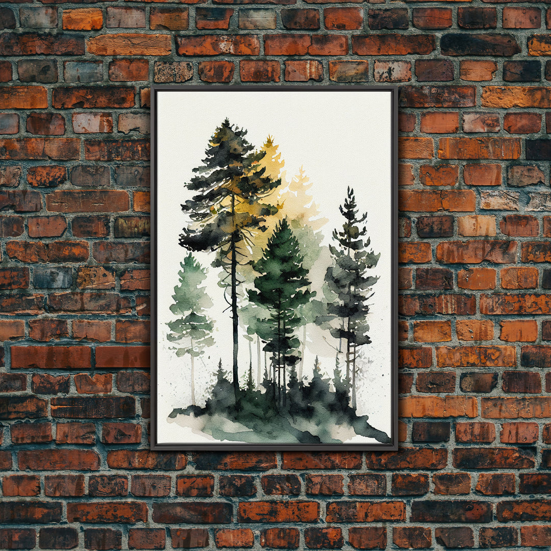 Watercolor pine tree forest, framed canvas print, cool wall art