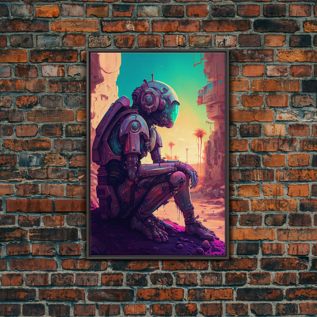 Android deep in thought, AI, fine art poster print