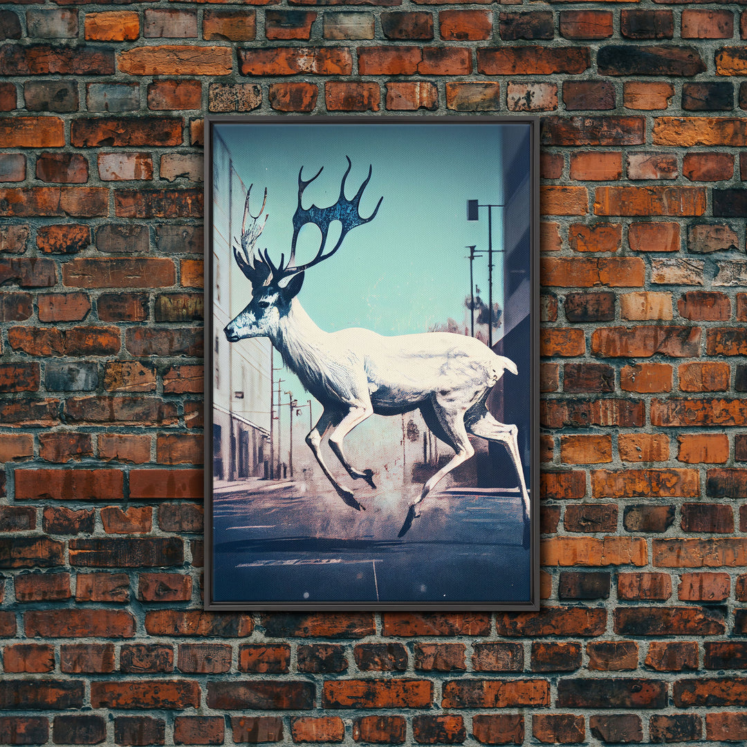 White stag in the city, post-apocalyptic urban decay art, framed canvas print