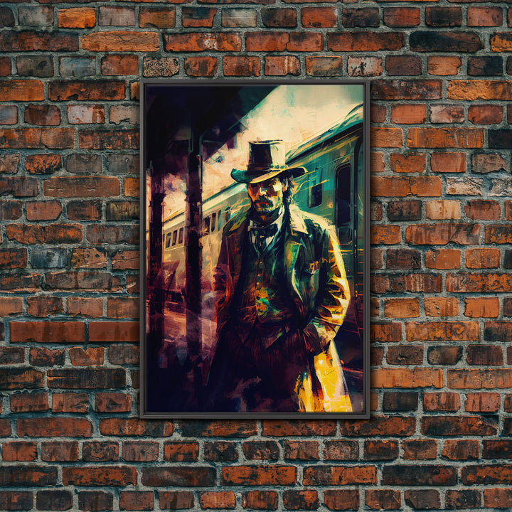 Cowboy waiting for the train, framed wall art, framed canvas print