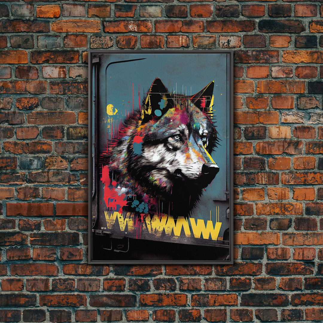 Wolf graffiti on a subway train car, framed canvas print, framed wall art