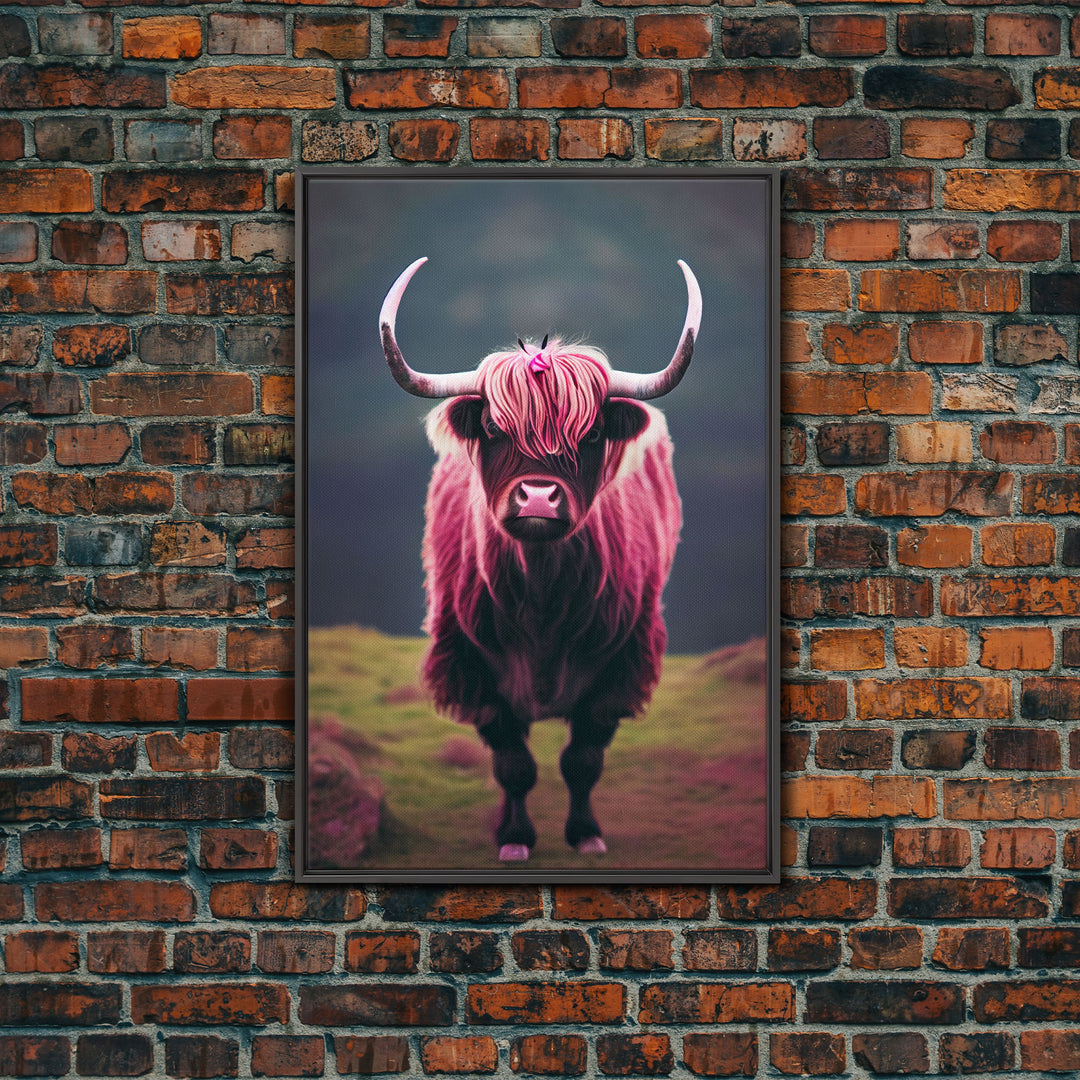 Colorful farmhouse art, Highland cow, Scotland cattle, framed canvas print, pink cow