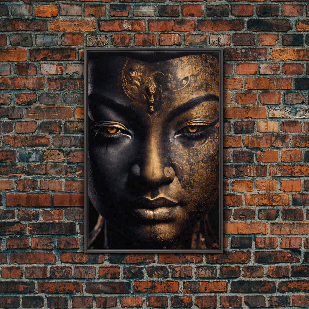 Golden eyed buddha statue framed canvas print, art for yoga studio, zen art