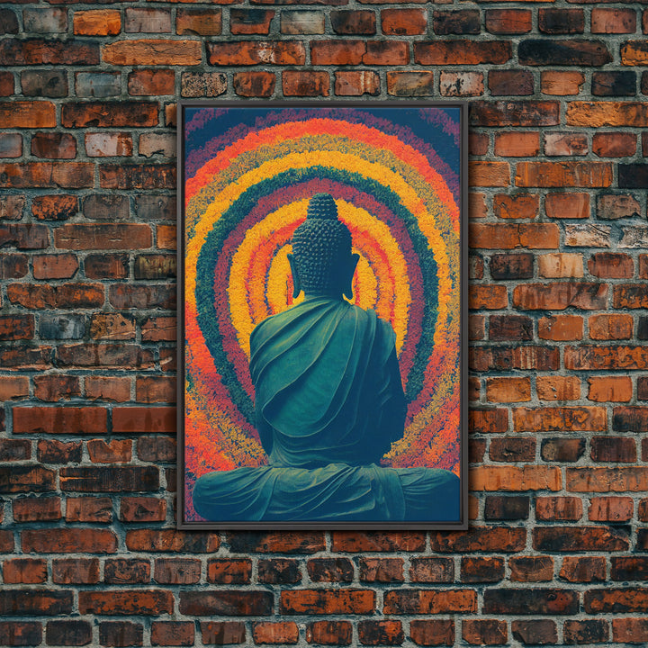 Colorful rainbow Buddha facing a ring of flowers, framed canvas print, yoga studio art