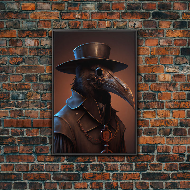 Crow wearing a plague doctor mask, poster art, cool spooky fine art poster print