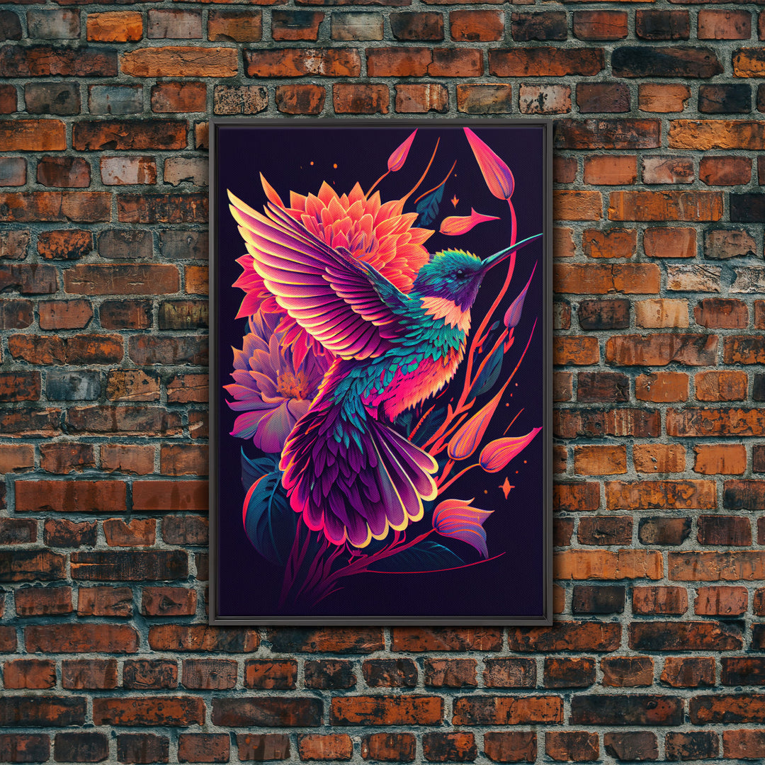 Beautiful Retro-Wave Humming Bird, framed canvas print, Colorful farmhouse wall art