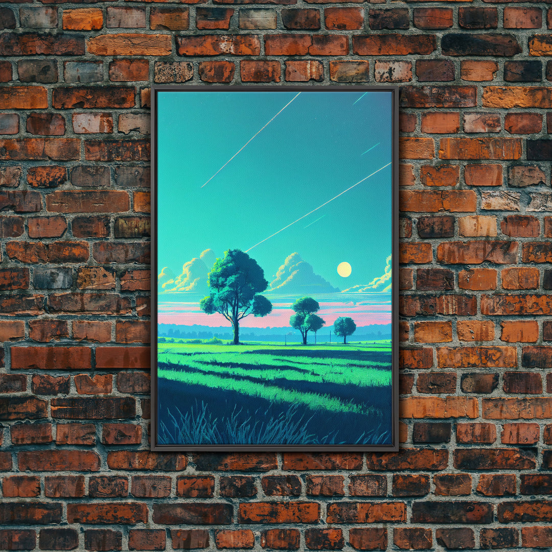 Retrowave landscape pixel art, soothing art, framed canvas print, light pastel sunset