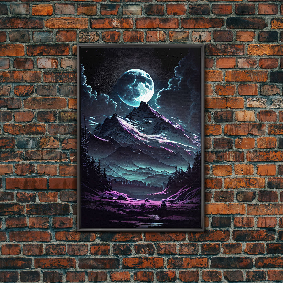 Mythical mountains fantasy art, framed canvas print, full moon over a mystical mountain landscape