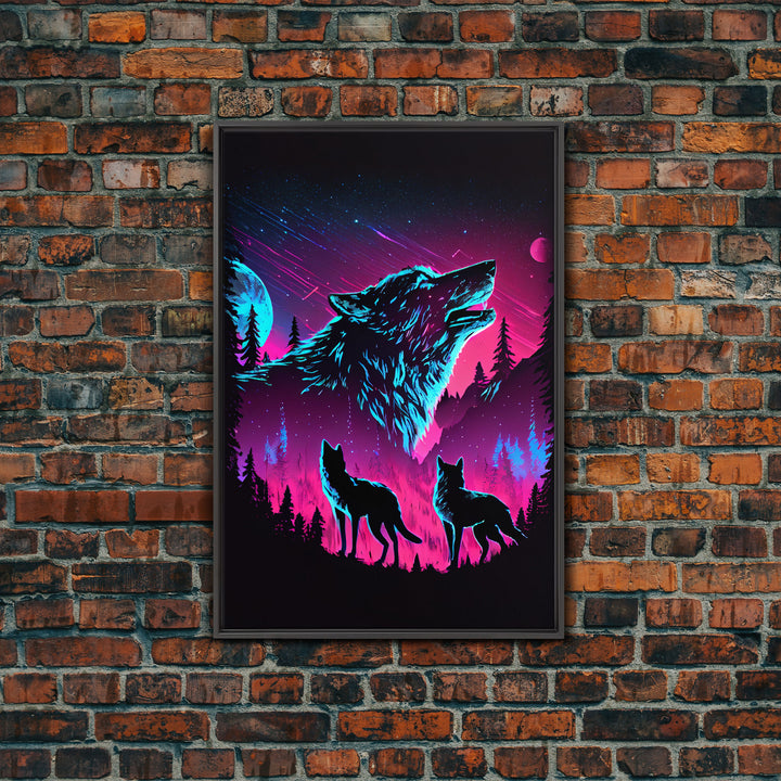 Wolves Howling at the moon, 3 wolf moon, framed canvas print, vaporwave art, Animal art, predator art