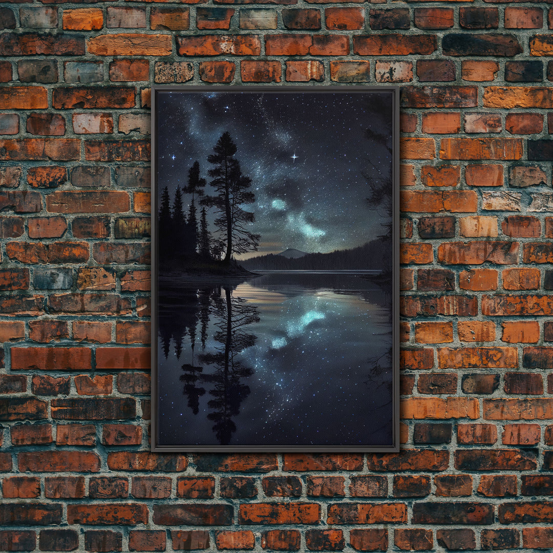 Reflections of a starry night sky over the lake, lakehouse art, beautiful framed canvas print