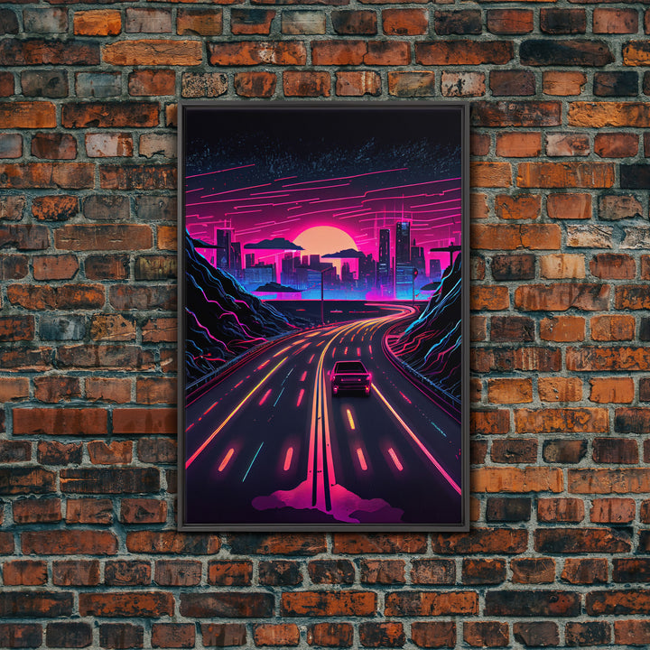 The Drive, Retrowave Outrun Style City Skyline Sunset, 80s Vibes, Framed Canvas Print