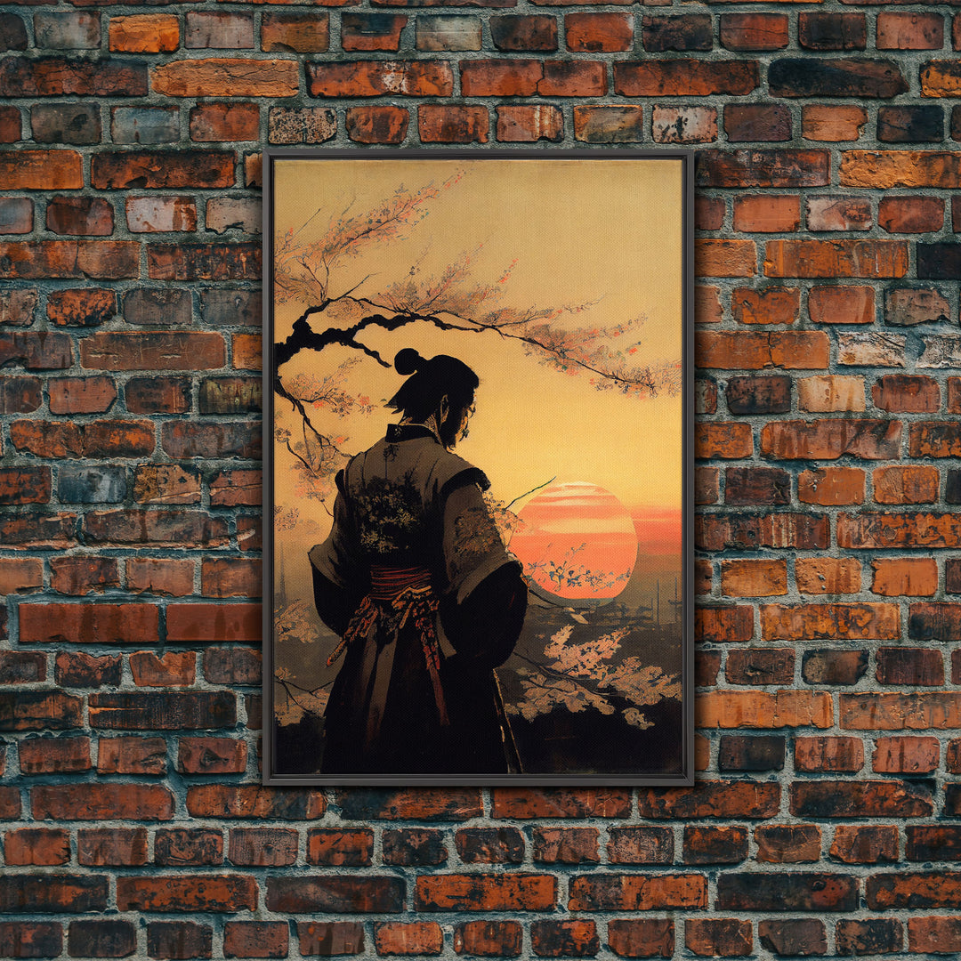 Watercolor of a Samurai observing a sunset, Framed Canvas Print, unique wall art