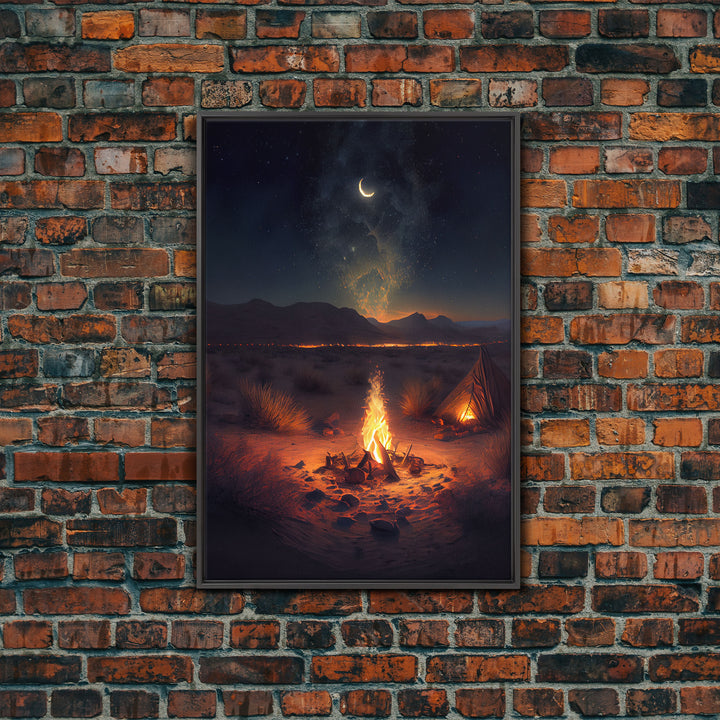 Primitive Art, Campfire under the stars, camping art, framed canvas print