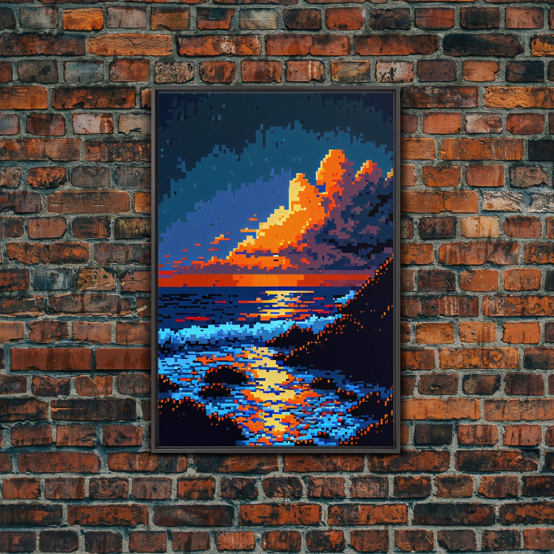 Pixel Art Sunset obscured by clouds, framed canvas print, 8 bit art