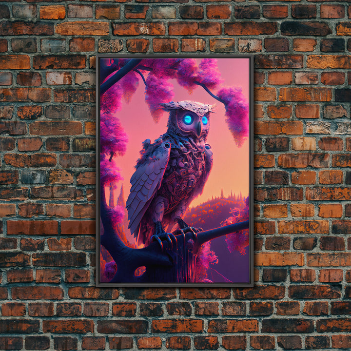 Cyberpunk Robot Owl, framed canvas print, Cybernetic android owl art, vaporwave aesthetic futuristic art