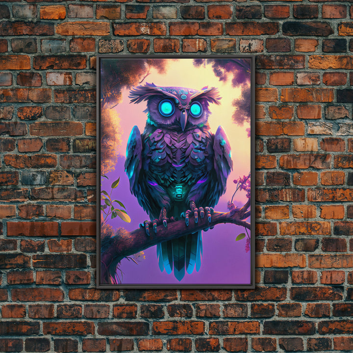 Cyberpunk Robot Owl, framed canvas print, Cybernetic android owl art, vaporwave aesthetic futuristic art