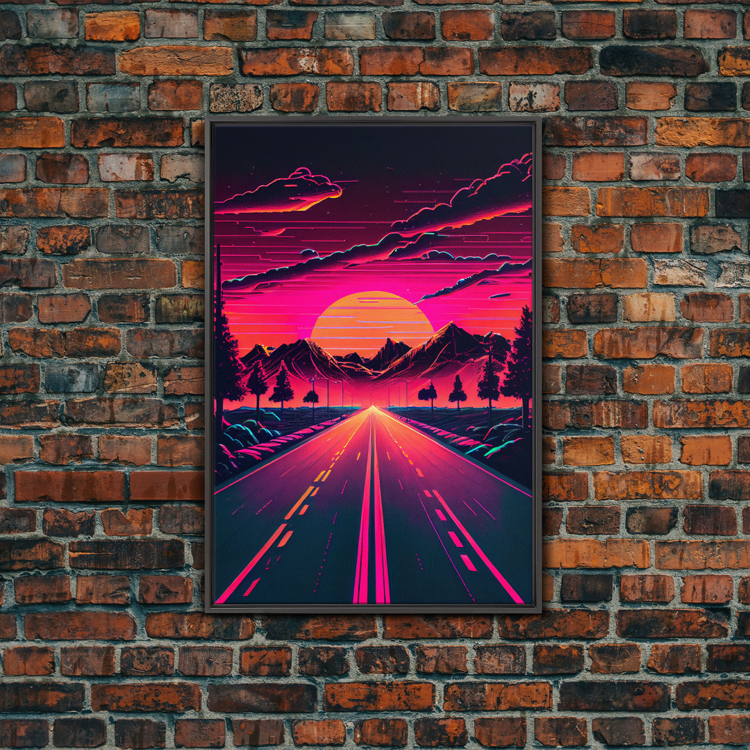 Outrun Sunset over the Arizona mountains, neon aesthetic art,  framed canvas print