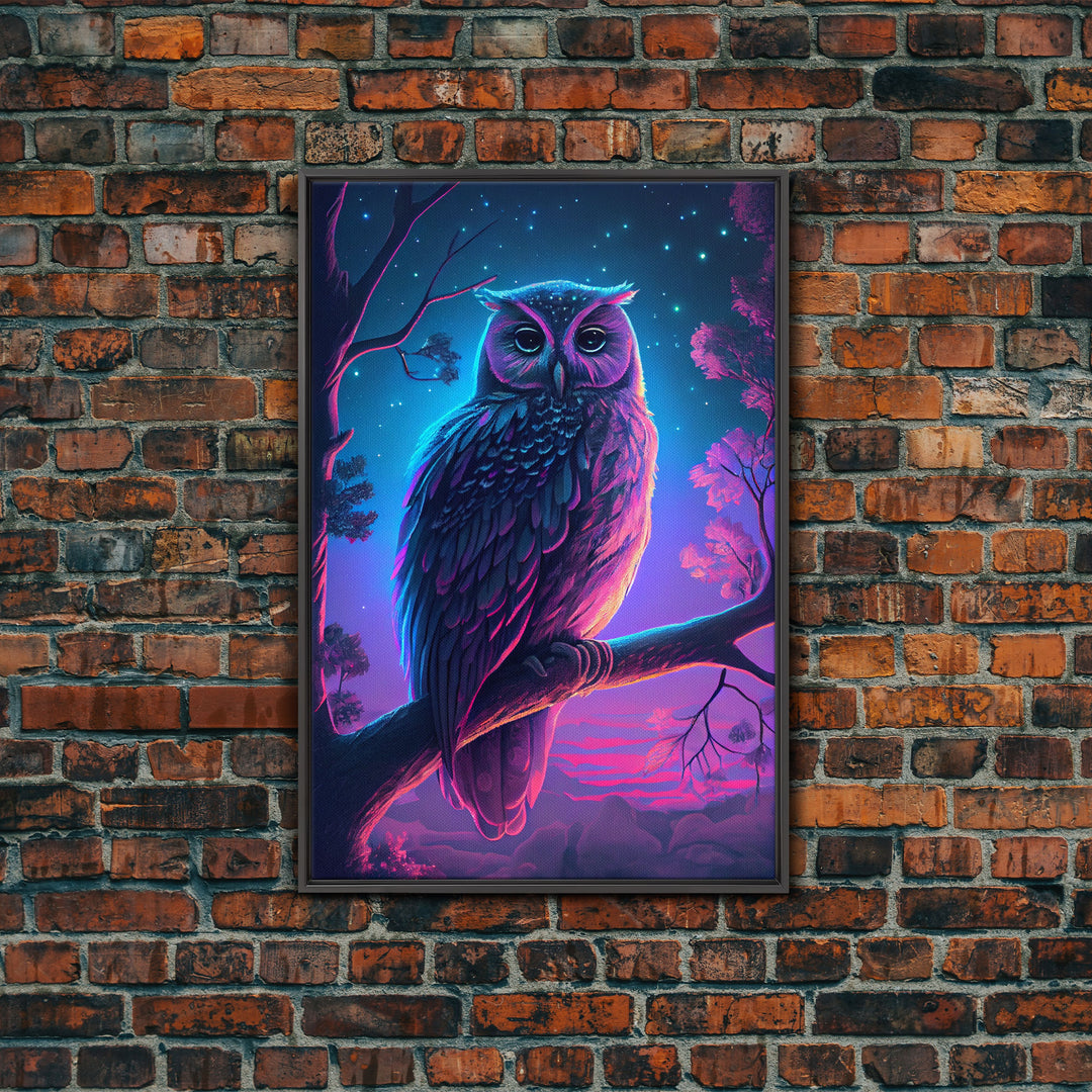 Retro Style Owl Art, Framed Canvas Print, outrun style owl at midnight under a starry sky