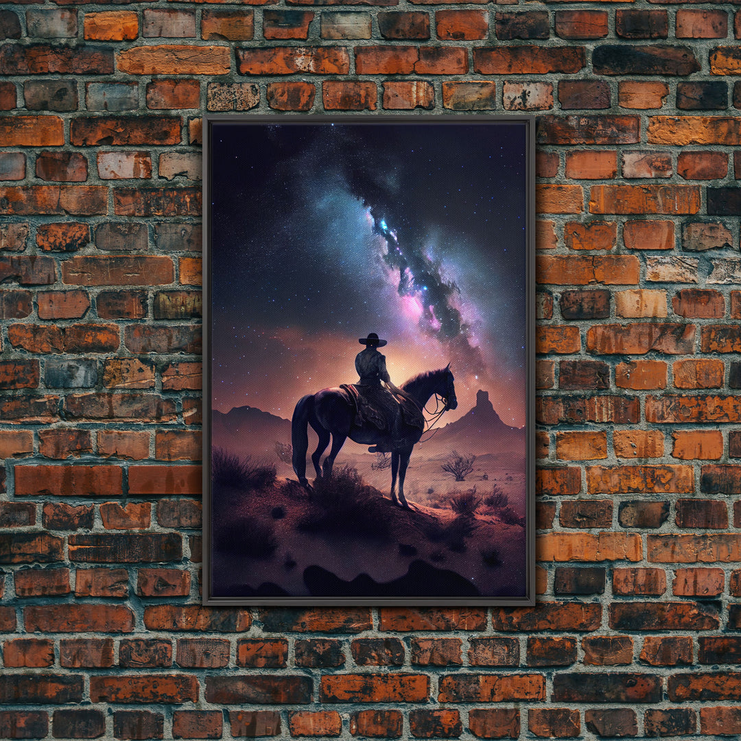 Cowboy contemplating the stars, framed canvas print