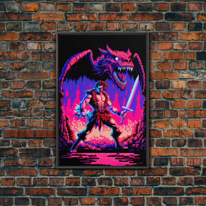 Tabletop RPG art, vaporwave neon aesthetic, Barbarian art, framed canvas print