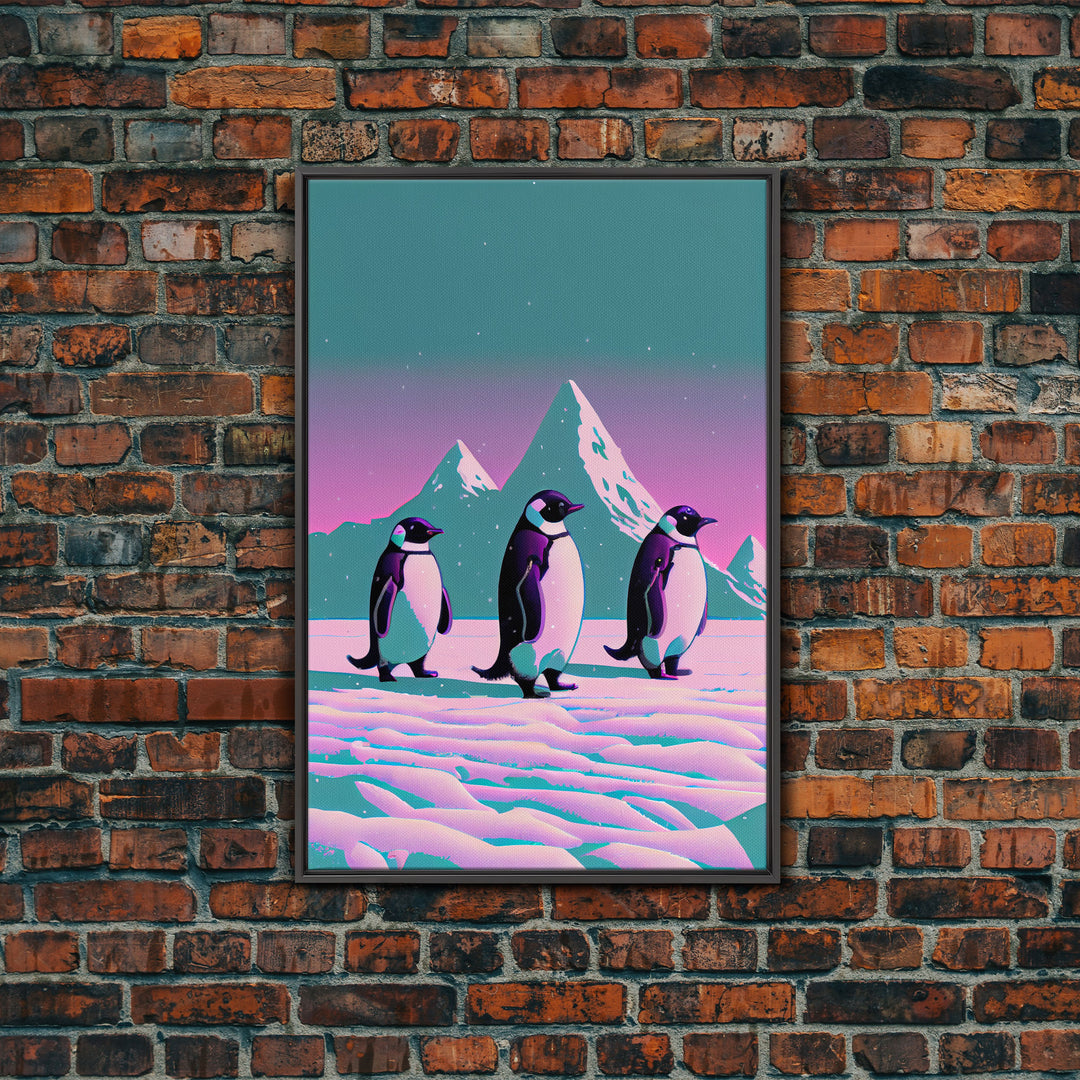 Retrowave Penguins in the Arctic, synthwave style wall art, Antarctica art, framed canvas print, cute animal prints