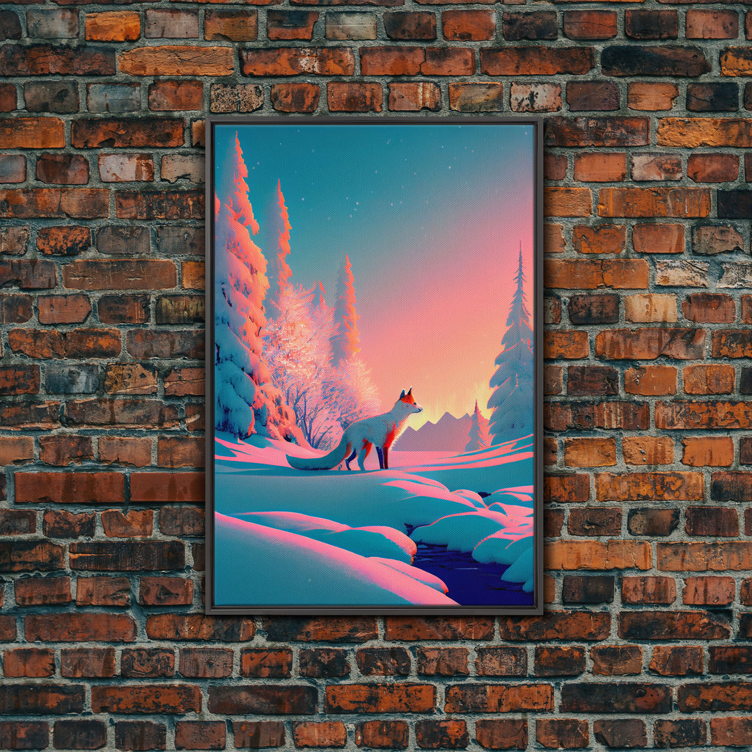 Cute arctic fox art in the snow, framed canvas print