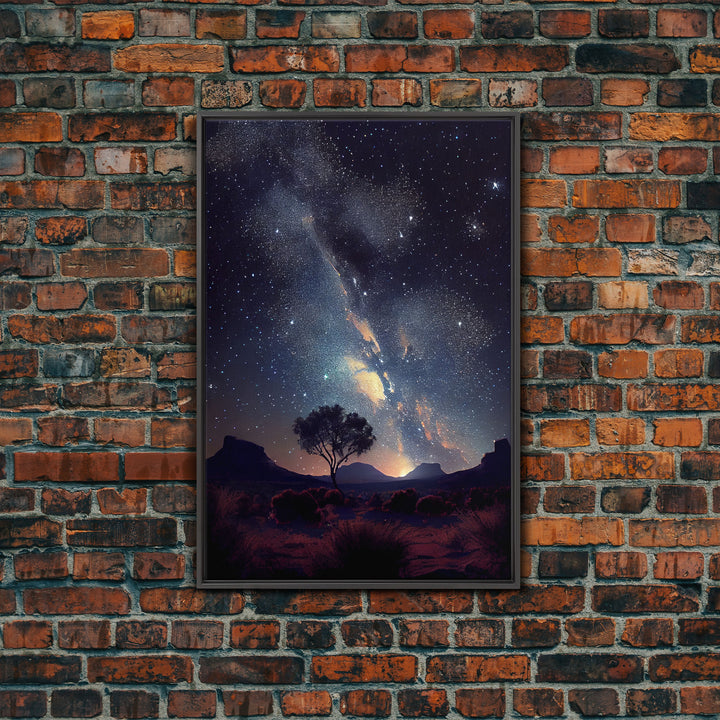 Starry night sky over the plains of Texas,  beautiful farmhouse art, primitive art, framed canvas print