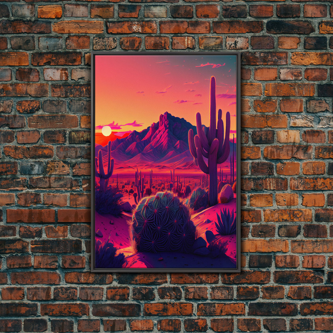 Pastel Arizona Night, Outrun Style sunset over a desert landscape with cactus, framed canvas print