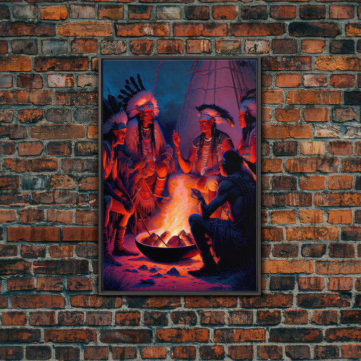 Wild West Decor, framed canvas print, Watercolor of Native Americans enjoying a campfire