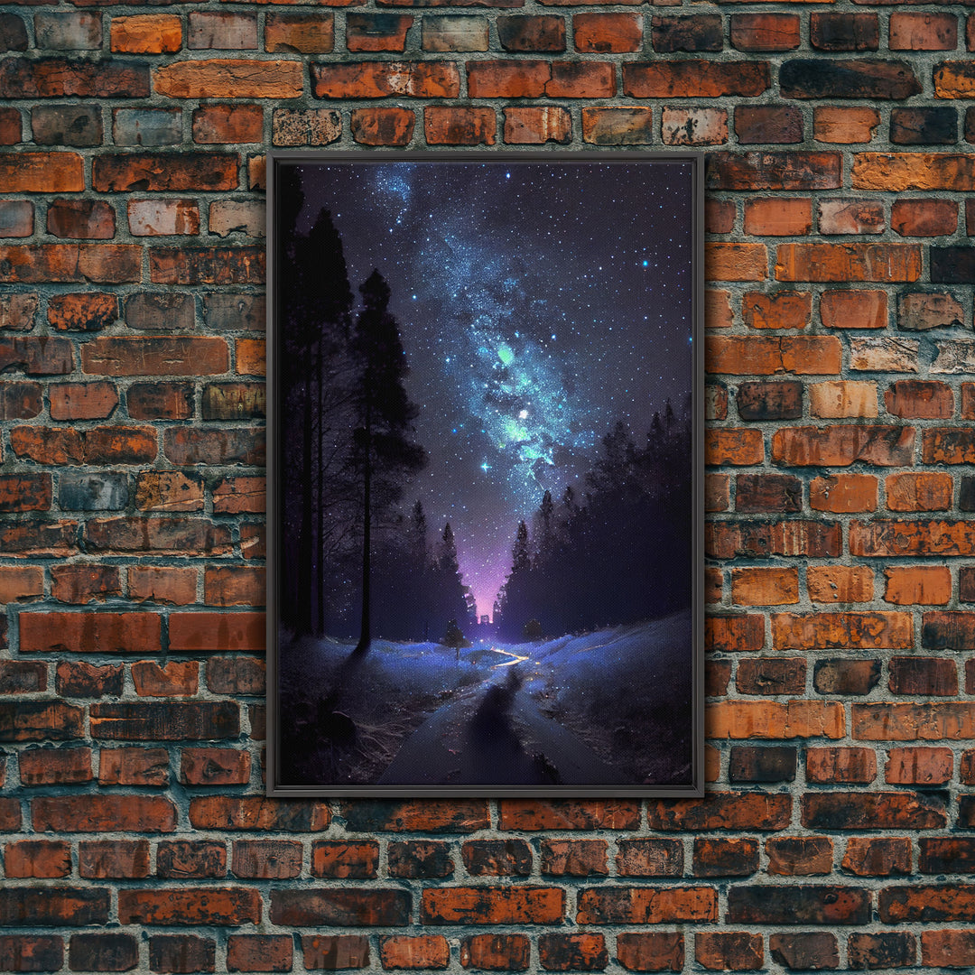 Starry Night Time Landscape, Milky Way Galaxy Art, Pine Tree Forest, Framed Canvas Print