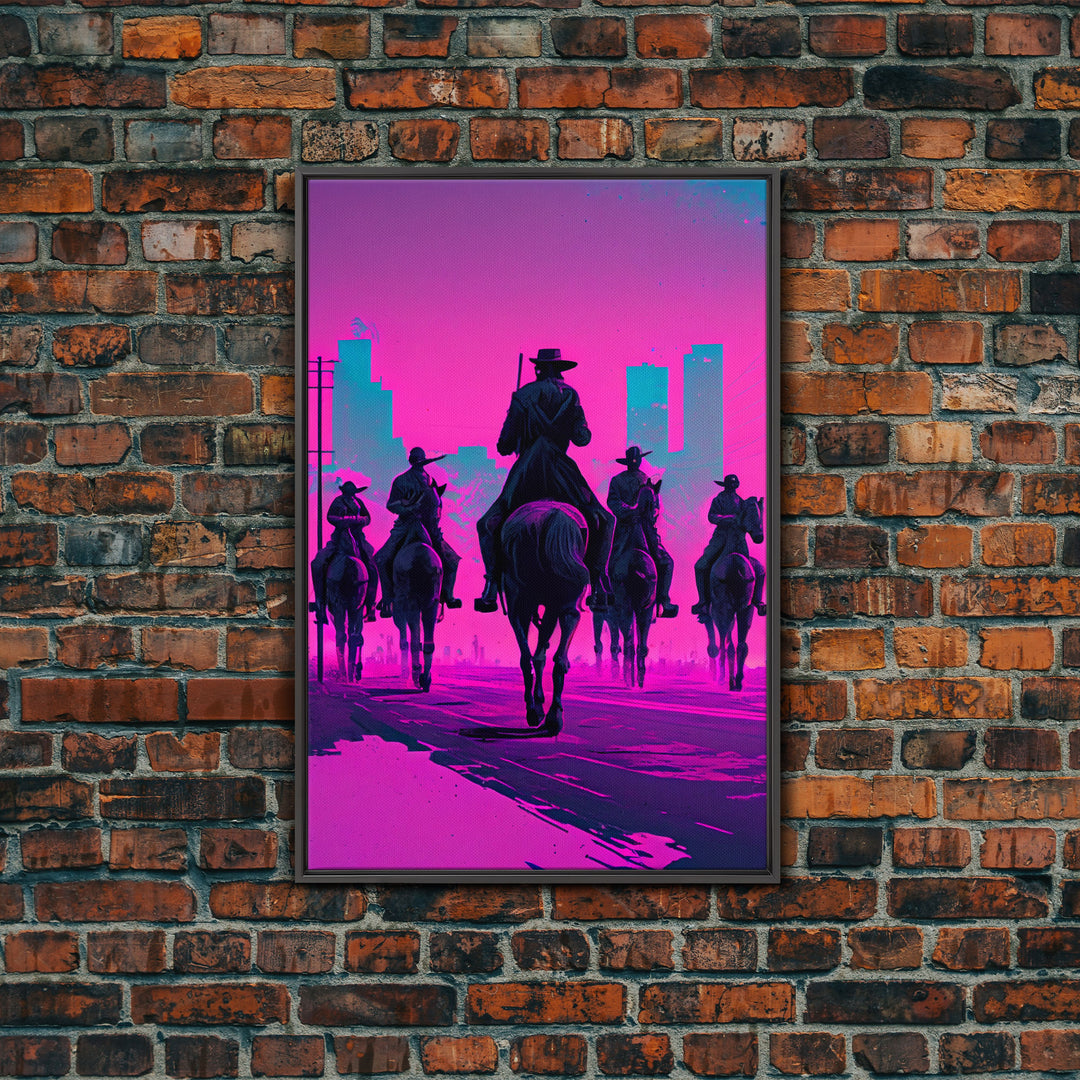 Post-Apocalyptic Cowboys, Vaporwave Aesthetic fantasy art, framed canvas print