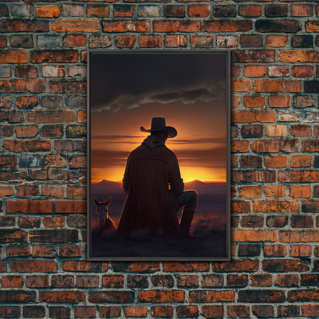 A cowboy and his horse at sunset, framed canvas art, canvas print, western decor, farmhouse art